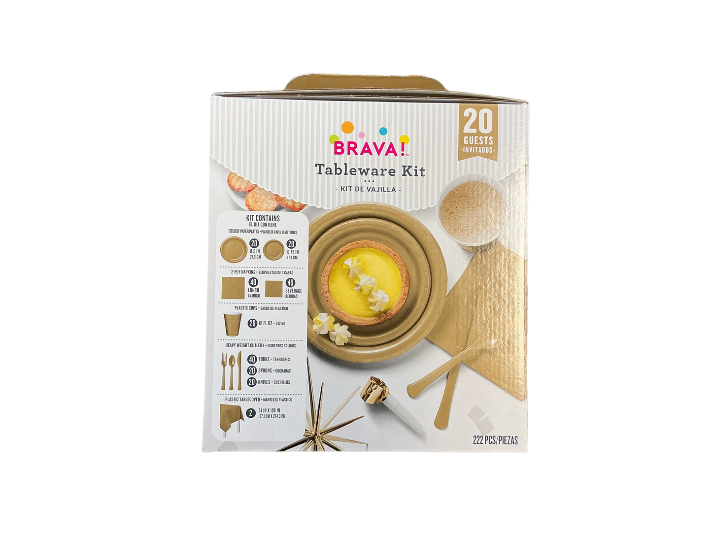 Brava Tableware Kit Gold
Up to 20 guests
Kit includes:
20 sturdy paper lunch plates (8.5in)
20 sturdy paper dessert plates (6.75in)
40 2-ply lunch napkins
40 2-ply beverage napkins
20 18oz plastic cups
40 heavy weight plastic forks
20 heavy weight plastic spoons
20 heavy weight plastic knives
2 plastic table covers (54in x 108in)