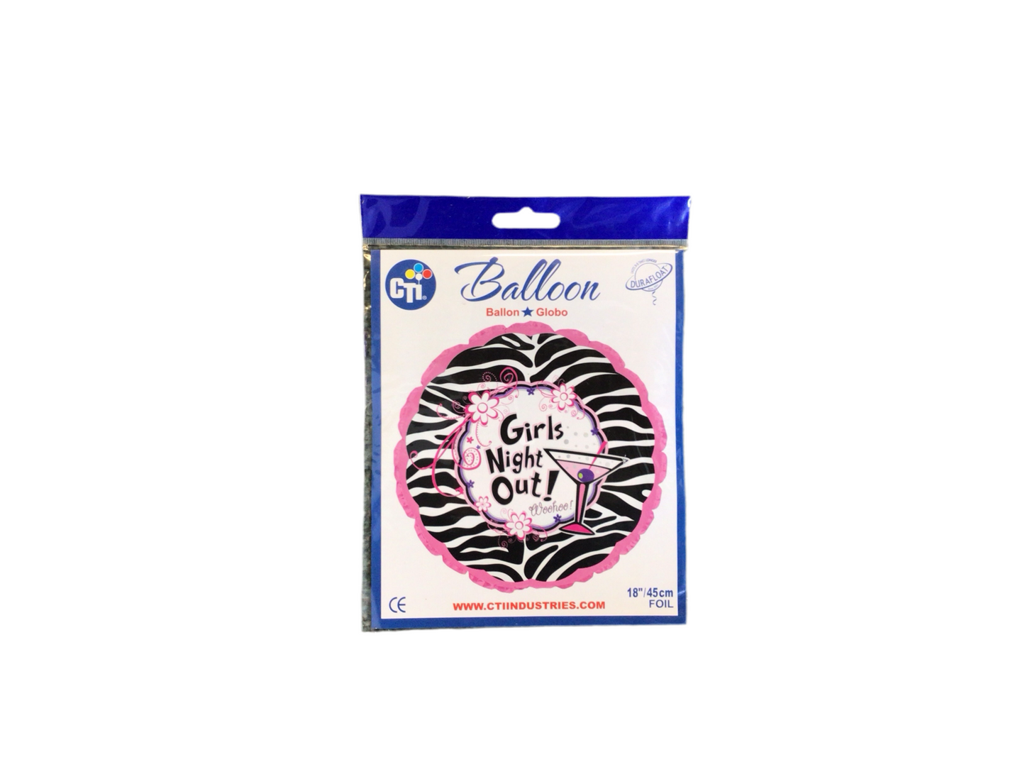 CTI Standard Mylar Balloon - Round Girl’s Night Out! Woohoo!
Black and white zebra stripes with black lettering and pink/purple details
Inflated size: 18in