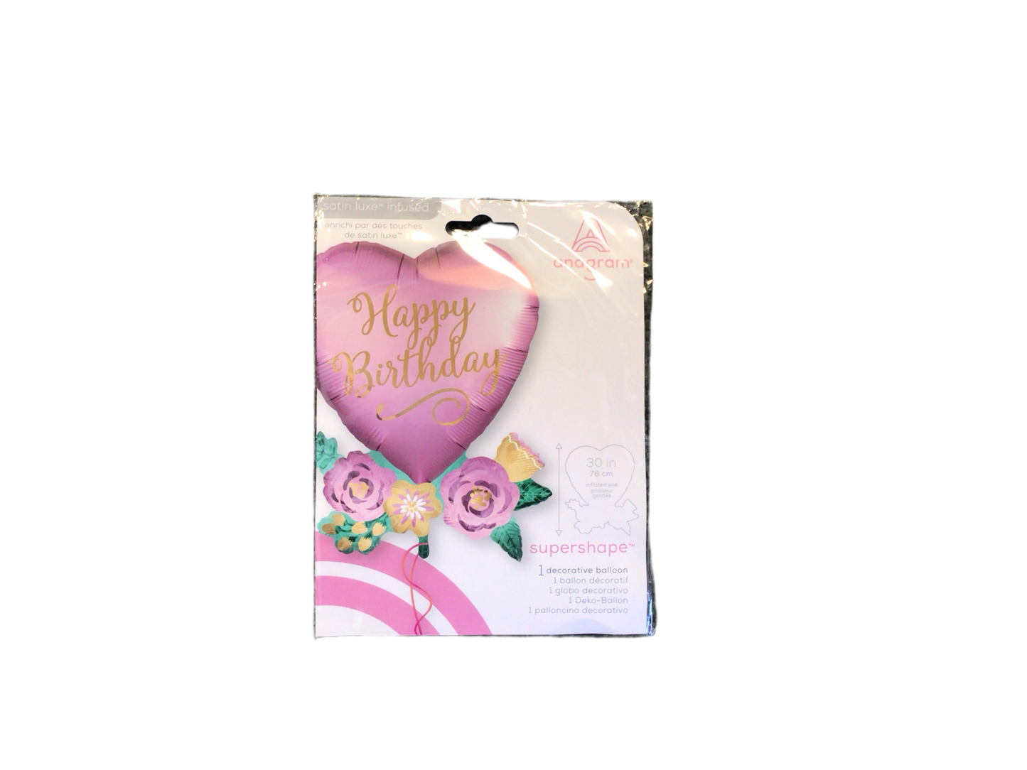 Anagram Supershape Mylar Balloon - Satin Luxe Infused
Pink heart that says Happy Birthday in gold script
Pink and gold flowers at the bottom of the heart
Inflated size: 23in x 30in
Perfect for all ages!