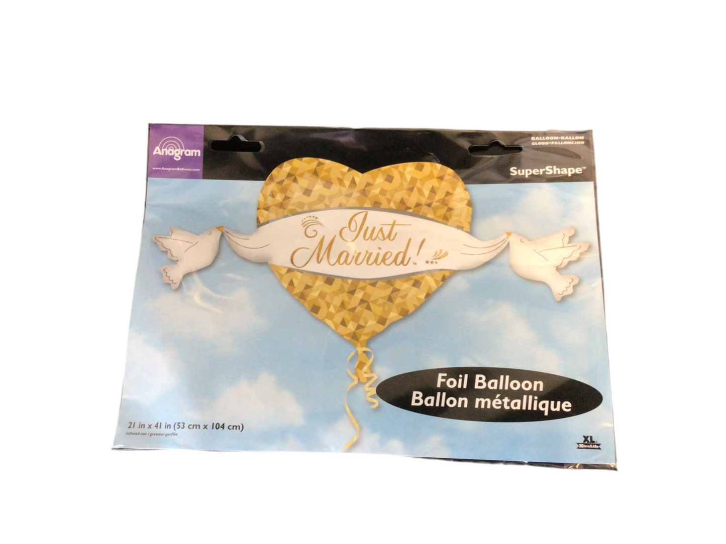 Anagram Supershape Mylar Balloon - Gold heart with doves holding just married sign