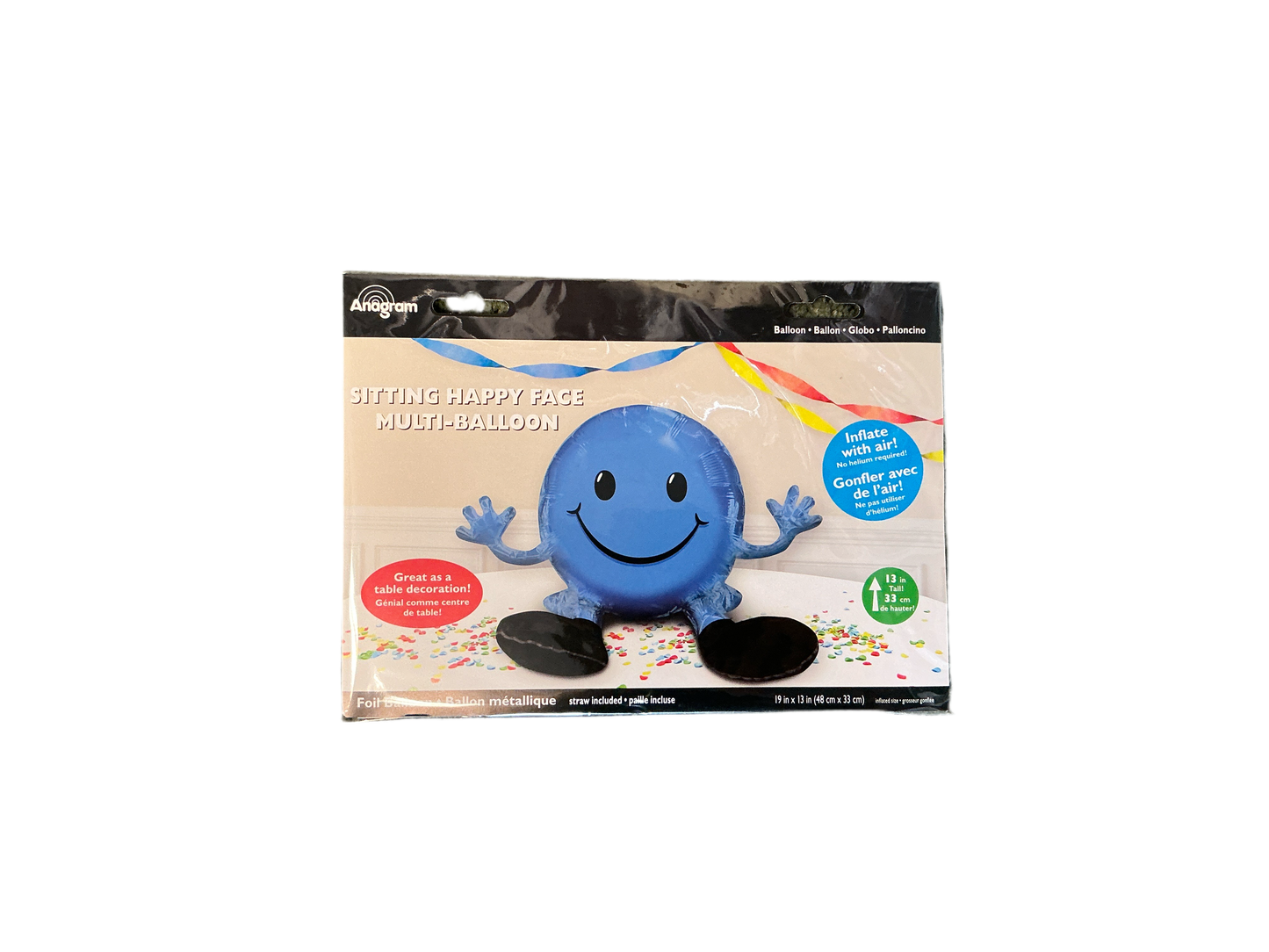 Anagram Jumbo Sitting Mylar Balloon - Happy Face Blue
Great as a table decoration!
Inflate with air! No Helium required!
Straw included
Inflated size: 19in x 13in