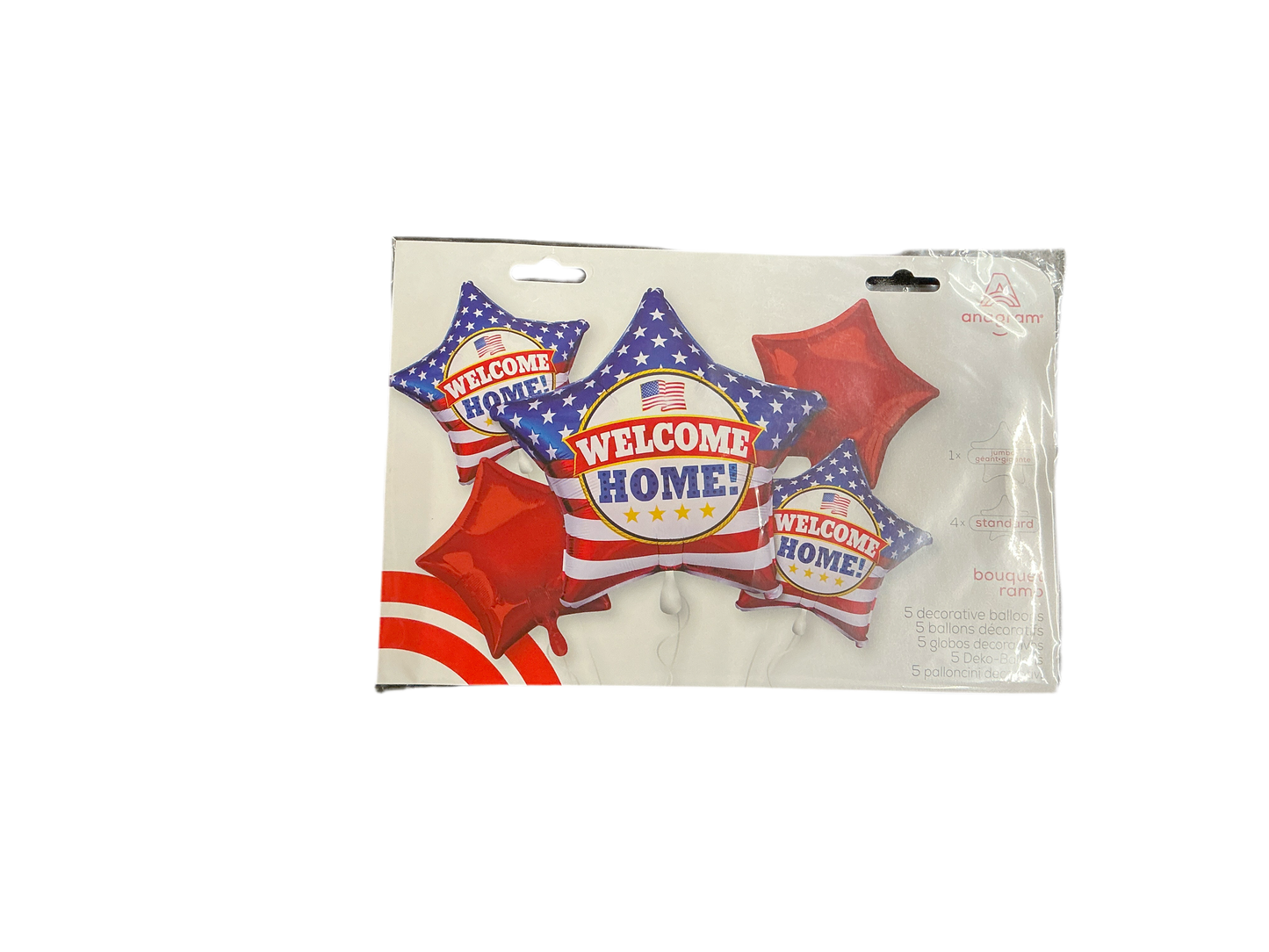 Anagram Bouquet Kit Mylar Balloons - Star Welcome Home!
Kit Includes:
1 Jumbo Welcome Home! American Flag Star Balloon
2 Standard Red Star Balloons
2 Standard XL Welcome Home! American Flag Balloons
UnInflated sizes:
Jumbo - 28in
Standard XL - 19in
Standard - 18in