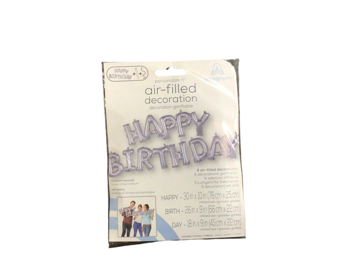 Anagram Script Mylar Balloon
Silver Happy Birthday
Air filled - no helium
Self-sealing and refillable
Comes with:
Straw to inflate
Foil balloons with easy to hang tabs
Ribbon