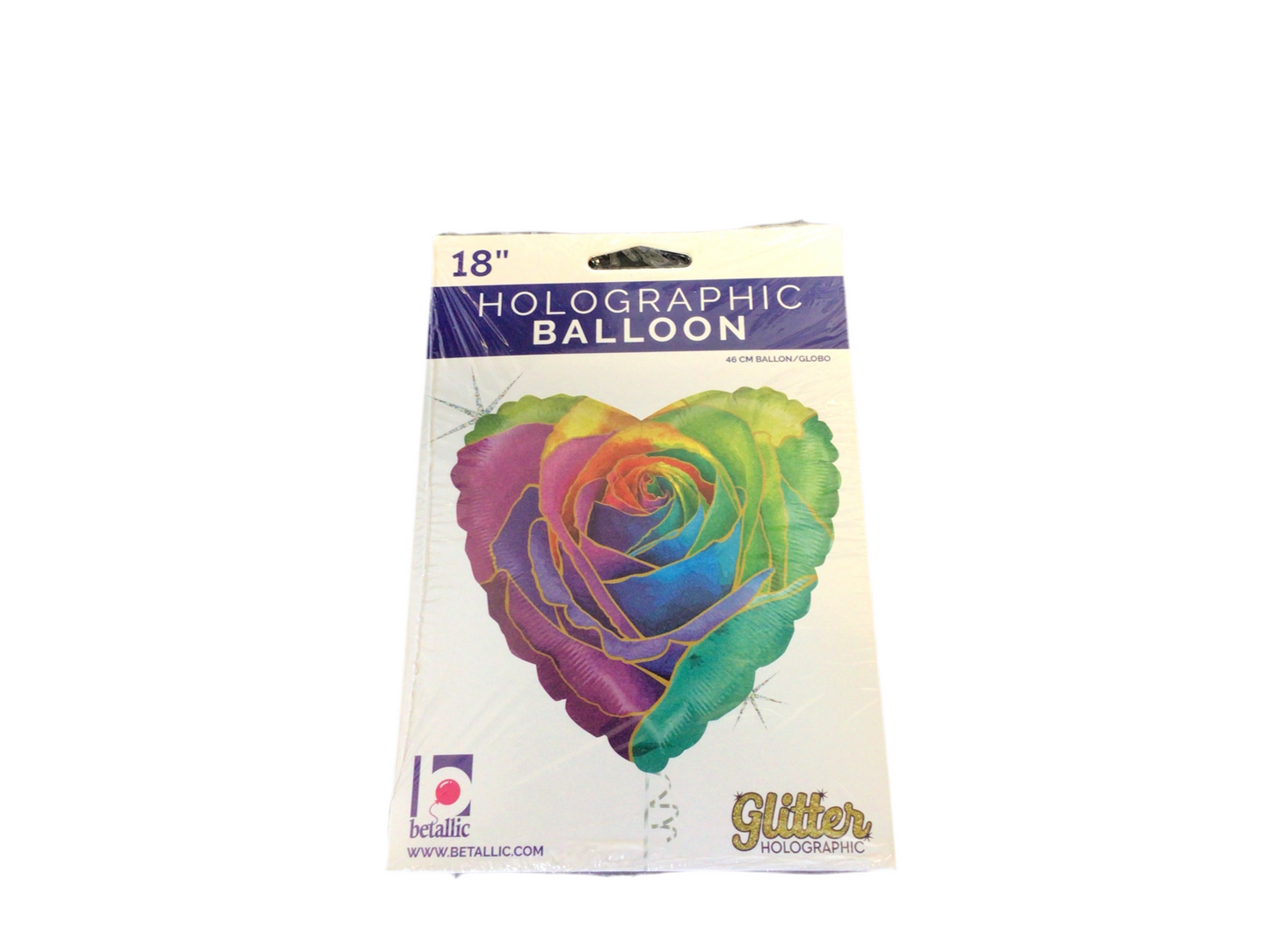 Betallic Glitter Holigraphic Mylar Balloon Heart shaped with Rainbow colored rose
