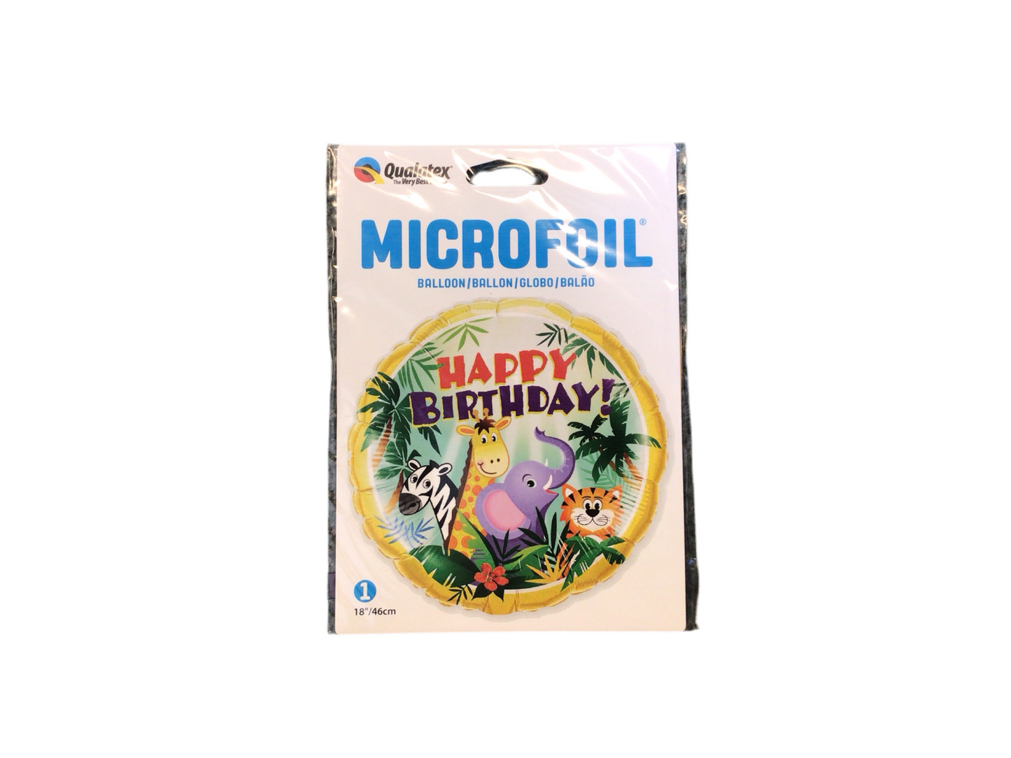Qualatex Standard Mylar Balloon - Round Happy Birthday
Happy Birthday with zebra, giraffe, elephant and tiger
Inflated size: 18in
A favorite for kids!