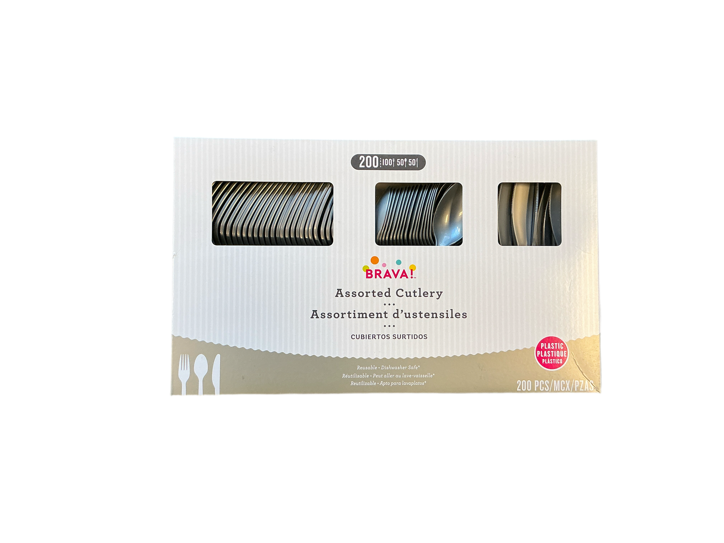 200 piece reusable assorted cutlery Silver
Dishwasher safe plastic - up to 100 washes