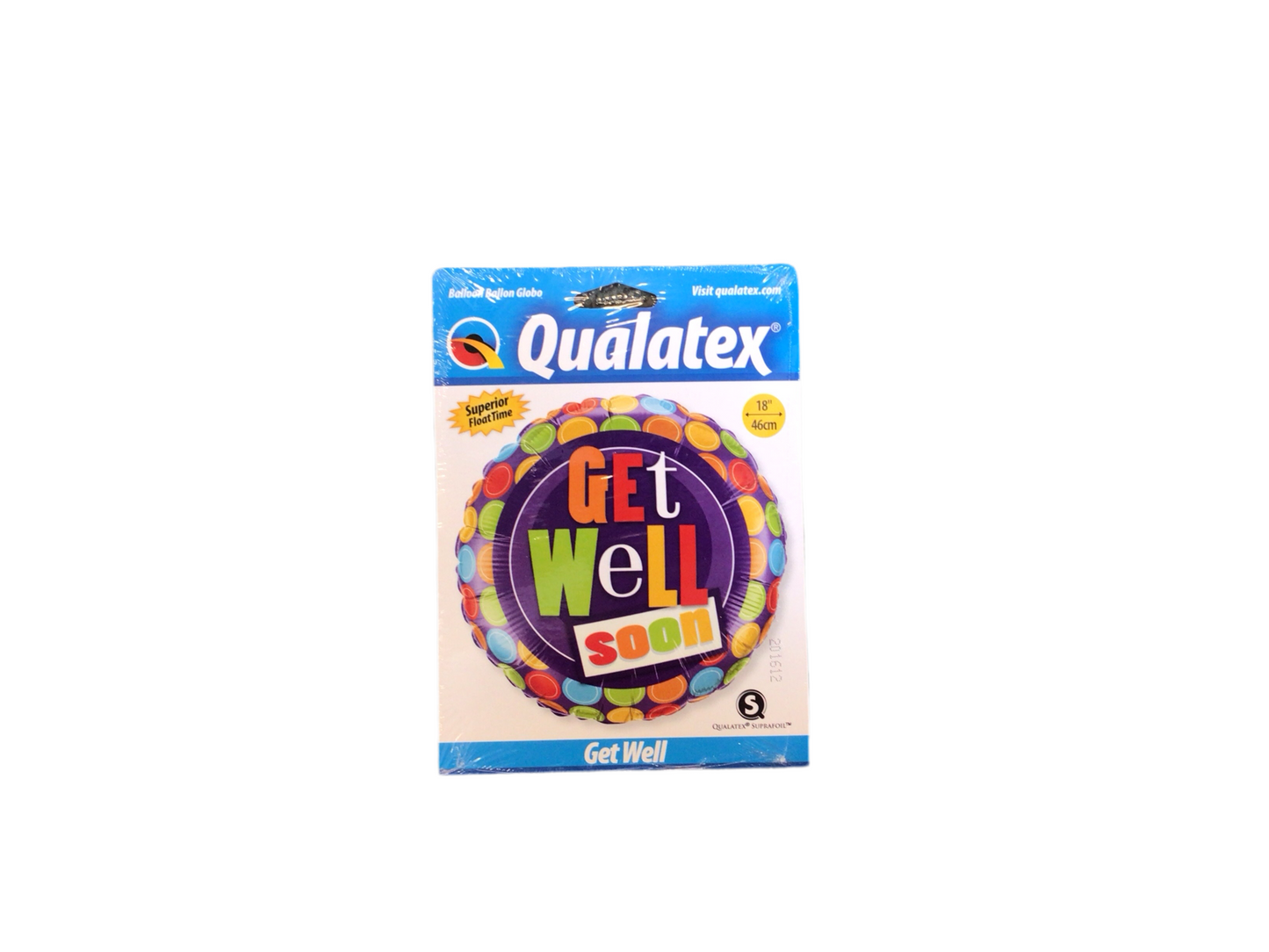 Qualatex Standard Mylar Balloon - Round Get Well Soon
Purple balloon with multicolor Get Well Soon lettering and dots
Inflated size: 18in
Perfect for showing you care!