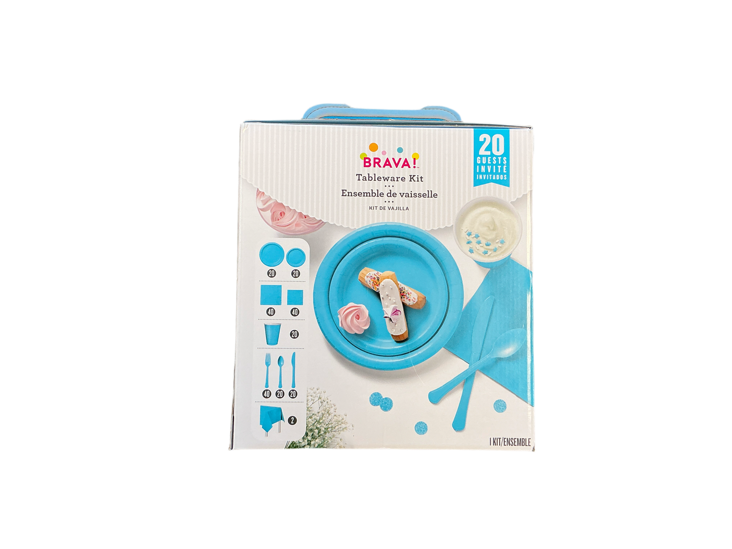 Brava Tableware Kit Light Blue
Up to 20 guests
Kit includes:
* 20 sturdy paper lunch plates (8.5in)
* 20 sturdy paper dessert plates (6.75in)
* 40 2-ply lunch napkins
* 40 2-ply beverage napkins
* 20 18oz plastic cups
* 40 heavy weight plastic forks
* 20 heavy weight plastic spoons
* 20 heavy weight plastic knives
* 2 plastic table covers (54in x 108in)