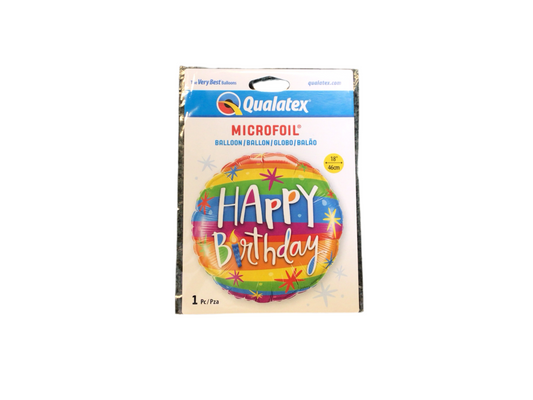 Qualatex Standard Mylar Balloon - Round Happy Birthday 

Multicolor stripes and stars

Inflated size: 18in

Perfect for any age birthday!