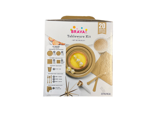 Brava Tableware Kit Gold

Up to 20 guests

Kit includes:

20 sturdy paper lunch plates (8.5in)
20 sturdy paper dessert plates (6.75in)
40 2-ply lunch napkins
40 2-ply beverage napkins
20 18oz plastic cups
40 heavy weight plastic forks
20 heavy weight plastic spoons
20 heavy weight plastic knives
2 plastic table covers (54in x 108in)
