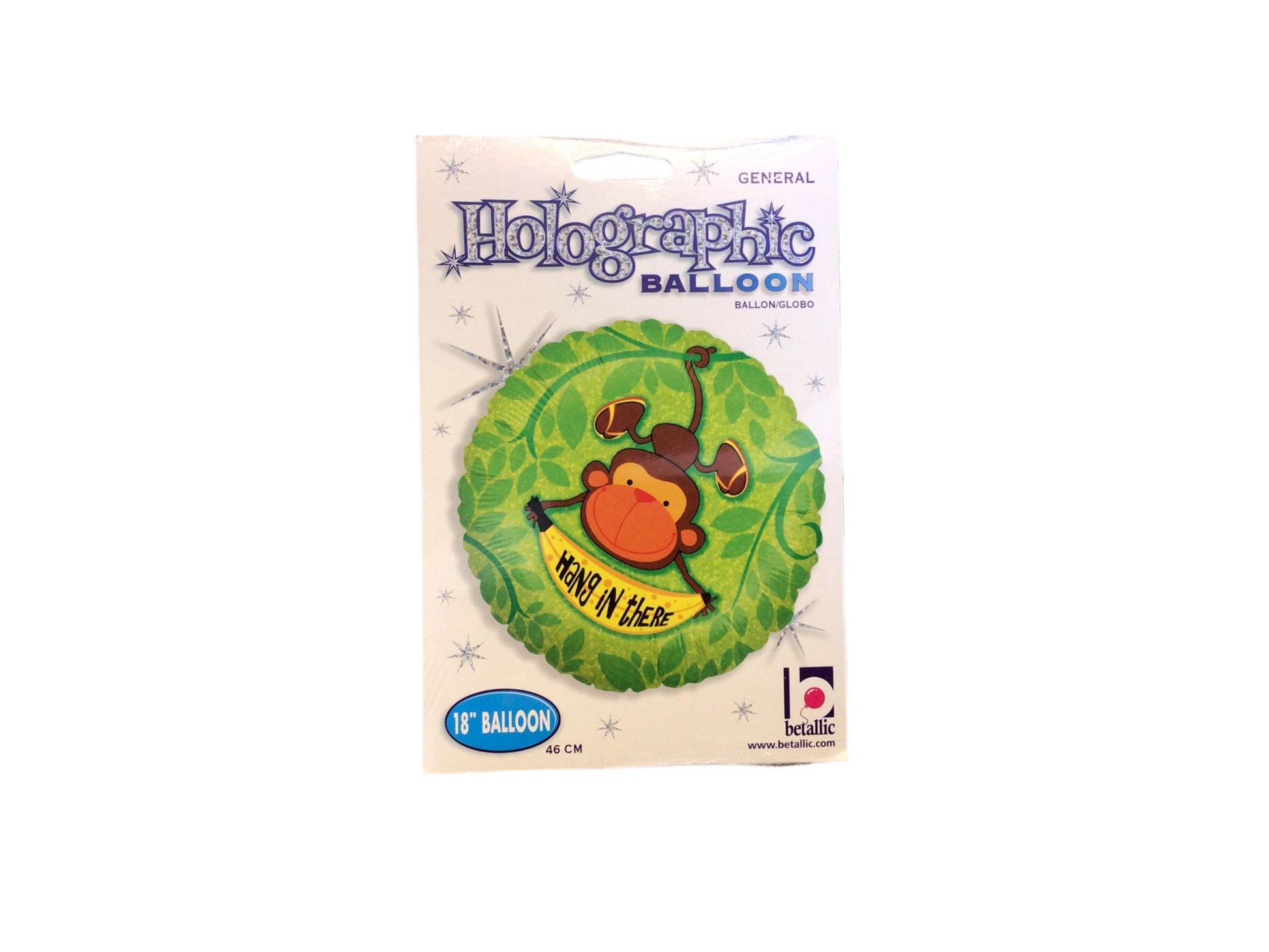 Betallic Standard Mylar Balloon - Round

“Hang in There” on a banana held by a monkey

Green holographic balloon

Inflated size: 18in