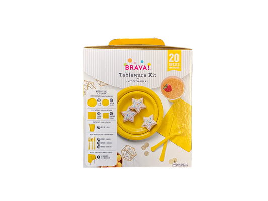 Brava Tableware Kit Yellow

Up to 20 guests

Kit includes:

20 sturdy paper lunch plates (8.5in)
20 sturdy paper dessert plates (6.75in)
40 2-ply lunch napkins
40 2-ply beverage napkins
20 18oz plastic cups
40 heavy weight plastic forks
20 heavy weight plastic spoons
20 heavy weight plastic knives
2 plastic table covers (54in x 108in)