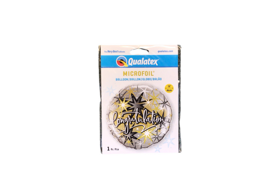 Qualatex Standard Mylar Balloon - Round Congratulations 

Silver balloon with white lettering and white, silver, gold and black details

Inflated size: 18in

Perfect for all celebrating any achievements!
