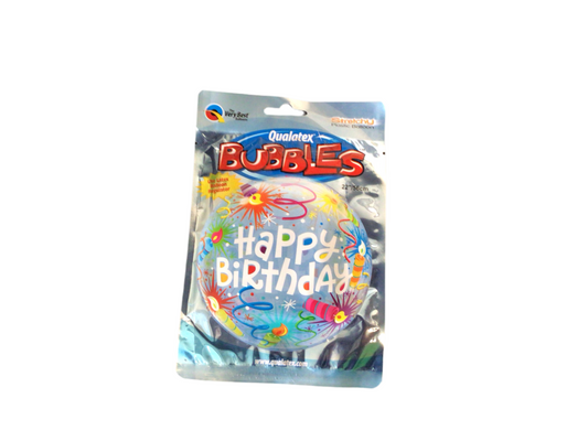 Qualatex Standard Bubble Balloon - Clear happy birthday clear bubble with candles and streamers