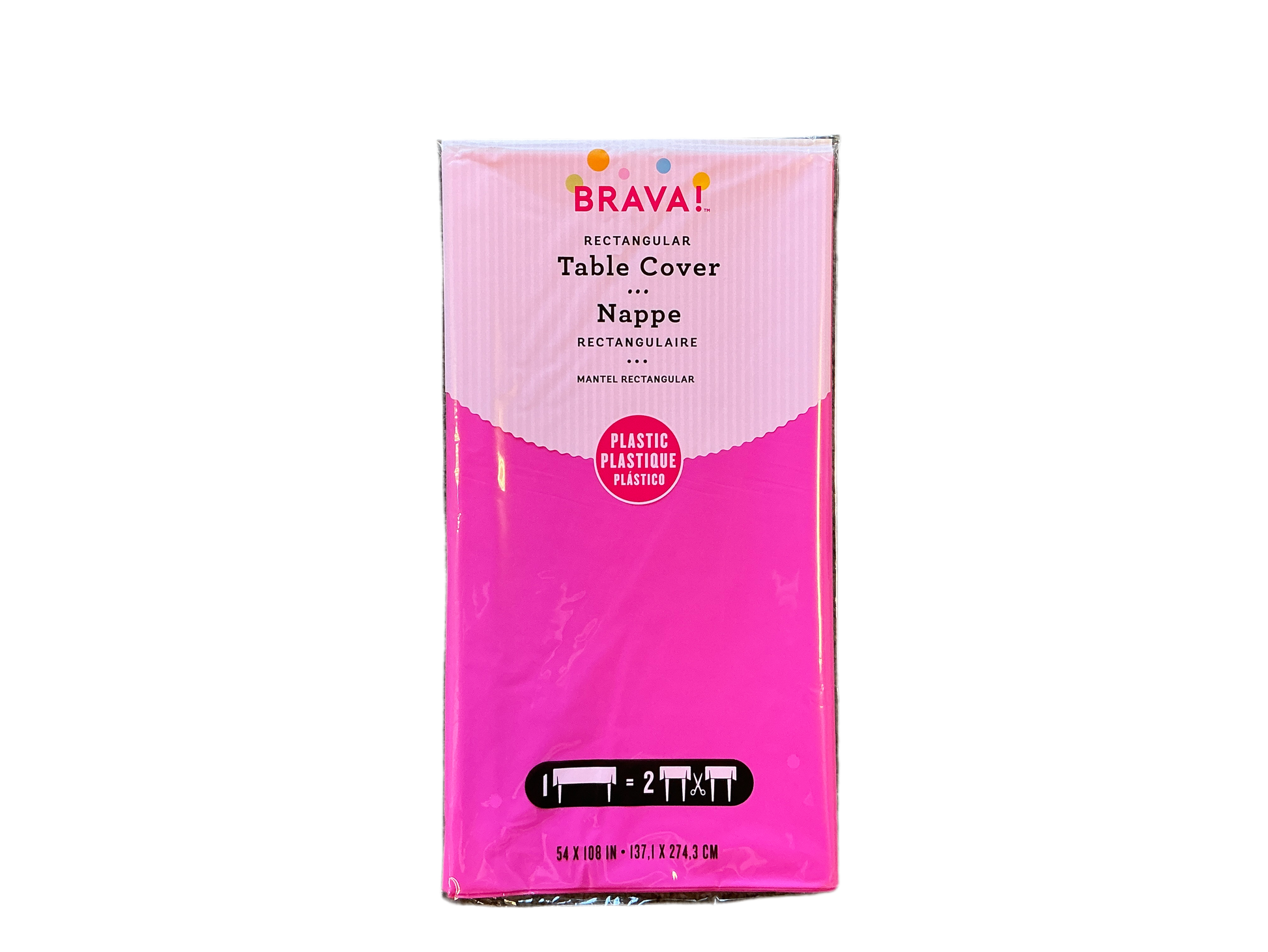 Brava Rectangular Plastic Table Cover Bright Pink
54in x 108in
Fits tables up to 8ft long