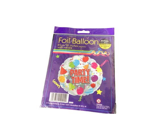 Perfect Moments round  Silver with Party Time in red with multiple color balloons  streamers and party hats