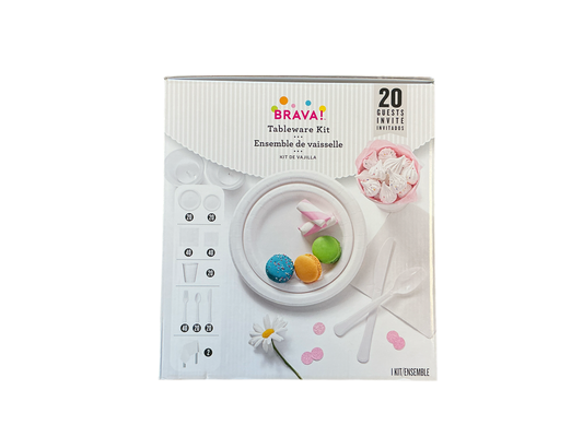 Brava Tableware Kit White
Up to 20 guests
Kit includes:
* 20 sturdy paper lunch plates (8.5in)
* 20 sturdy paper dessert plates (6.75in)
* 40 2-ply lunch napkins
* 40 2-ply beverage napkins
* 20 18oz plastic cups
* 40 heavy weight plastic forks
* 20 heavy weight plastic spoons
* 20 heavy weight plastic knives
* 2 plastic table covers (54in x 108in)