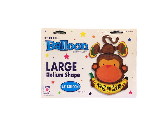 Betallic XL Supershape Mylar Balloon 

Monkey hanging upside down while holding a banana that says Hang in There

Inflated size: 45in

Great for showing you care!