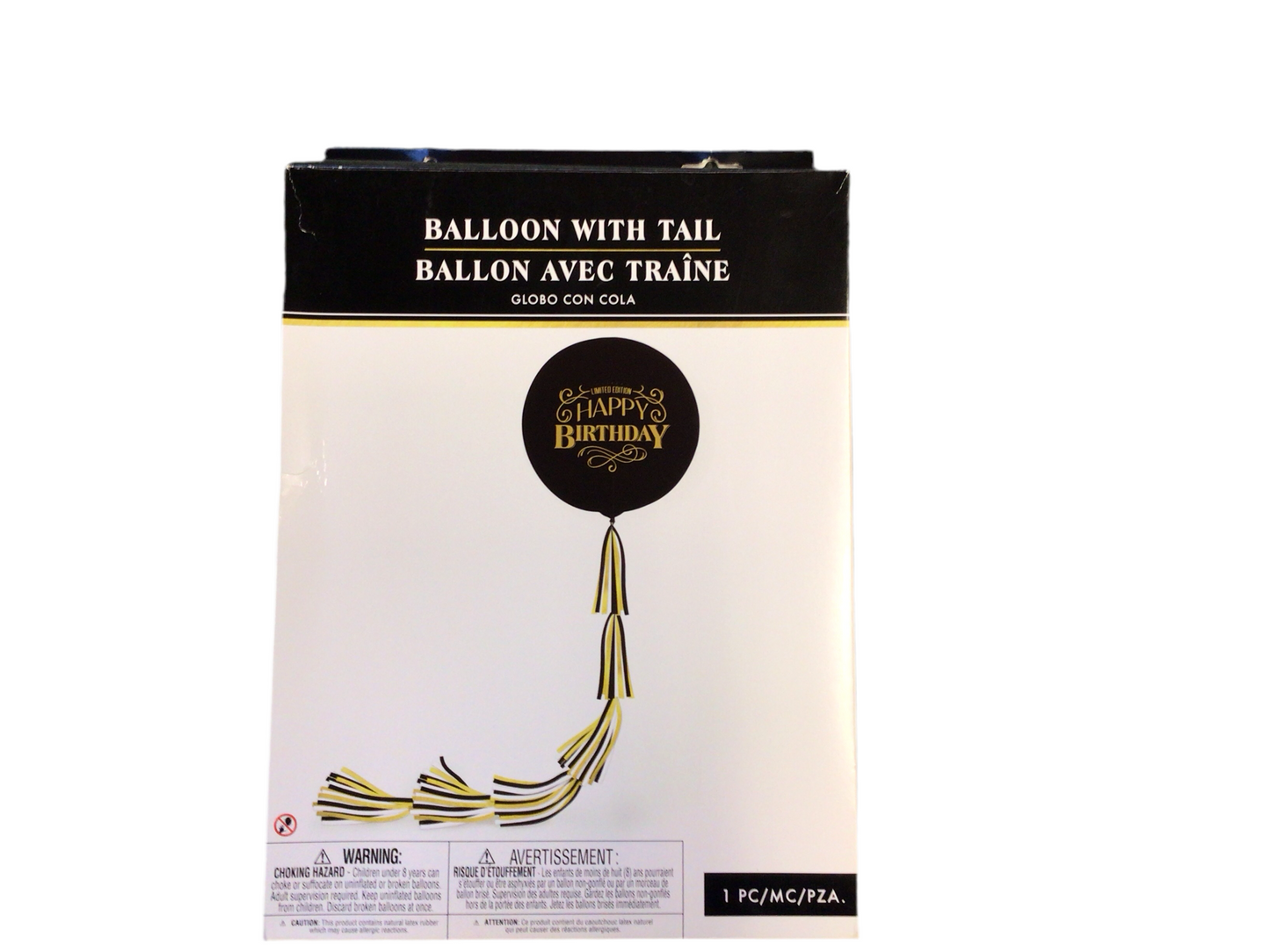 Latex Balloon - 24in Black Happy Birthday with black , gold & white  tail kit