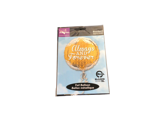 Anagram Standard Mylar Balloon - Round Silver and Gold balloon with white Always and Forever on it