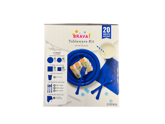Brava Tableware Kit Royal Blue

Up to 20 guests

Kit includes:

20 sturdy paper lunch plates (8.5in)
20 sturdy paper dessert plates (6.75in)
40 2-ply lunch napkins
40 2-ply beverage napkins
20 18oz plastic cups
40 heavy weight plastic forks
20 heavy weight plastic spoons
20 heavy weight plastic knives
2 plastic table covers (54in x 108in)