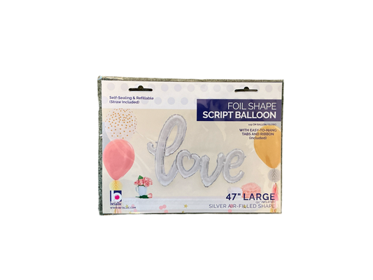 Betallic Script Mylar Balloon

Silver ‘Love’ with a heart as the ‘o’

Air filled - no helium

Self-sealing and refillable

Comes with: 

Straw to inflate
Foil balloon with easy to hang tabs
Ribbon