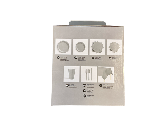 Brava Tableware Kit Silver
Up to 20 guests
Kit includes:
* 20 sturdy paper lunch plates (8.5in)
* 20 sturdy paper dessert plates (6.75in)
* 40 2-ply lunch napkins
* 40 2-ply beverage napkins
* 20 18oz plastic cups
* 40 heavy weight plastic forks
* 20 heavy weight plastic spoons
* 20 heavy weight plastic knives
* 2 plastic table covers (54in x 108in)