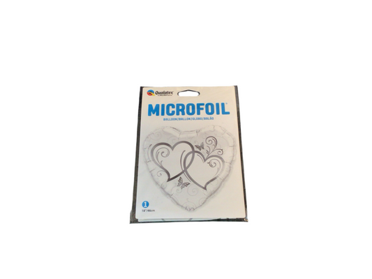 Qualatex Standard Mylar Balloon - Heart shaped white and silver with 2 smaller hearts outlined in silver