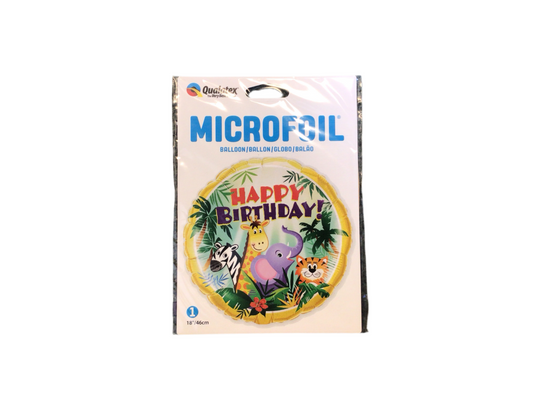 Qualatex Standard Mylar Balloon - Round Happy Birthday 

Happy Birthday with zebra, giraffe, elephant and tiger

Inflated size: 18in

A favorite for kids!